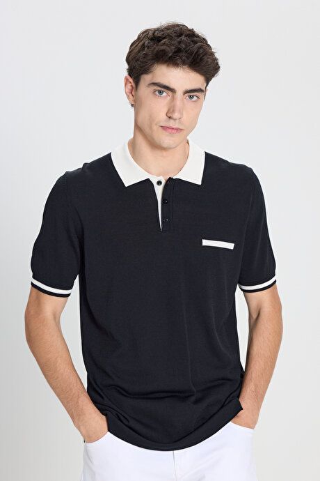 Standard Fit Regular Fit Polo Collar Black-Ecru Sweater T-Shirt 4C4924200005SEK