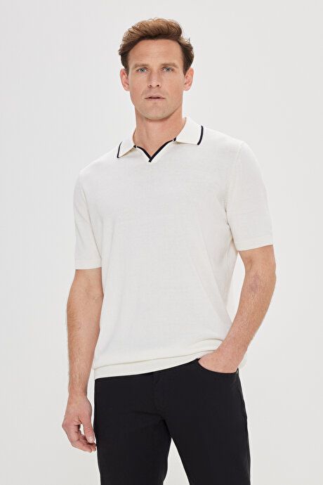 Standard Fit Regular Cut 100% Cotton Polo Collar White-Black Sweater T-Shirt 4C4924200010BYS