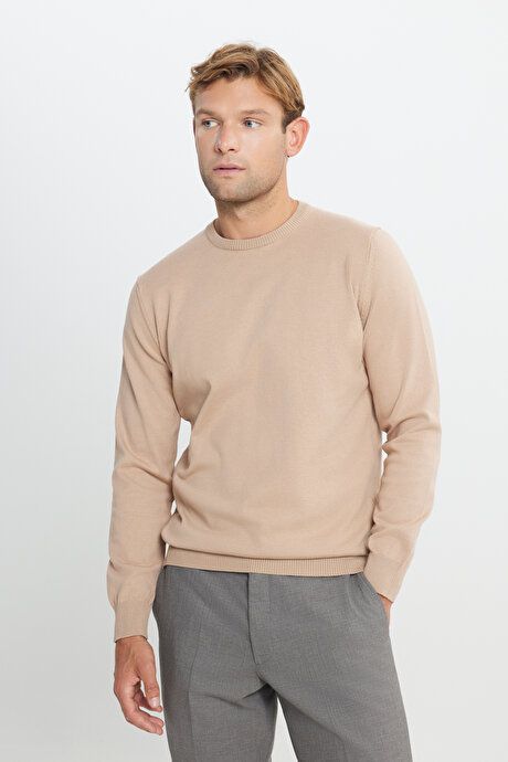 Cotton Standard Fit Regular Fit Crew Neck Sweater Beige Pullover ACE49252510013BEJ