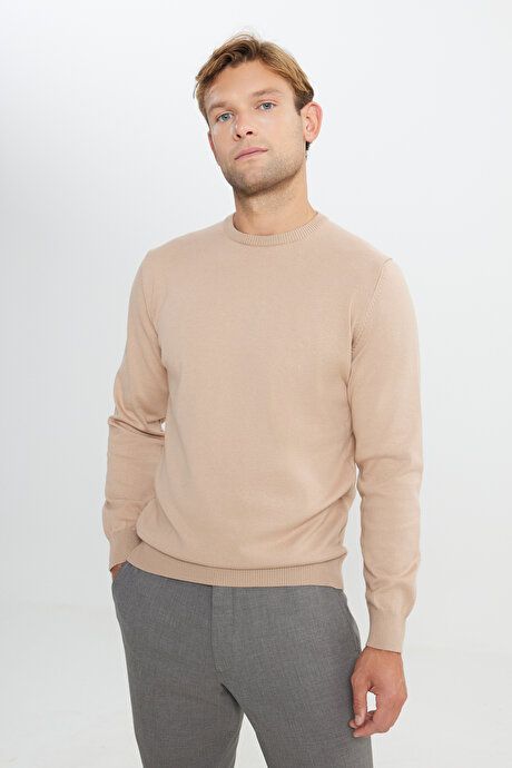 Cotton Standard Fit Regular Fit Crew Neck Sweater Beige Pullover ACE49252510013BEJ