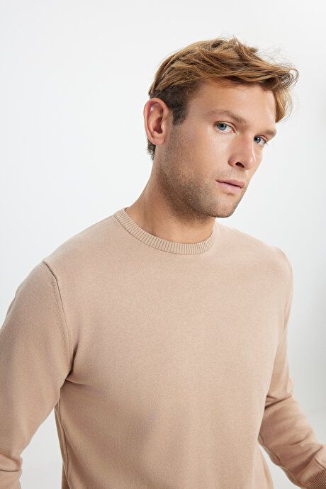 Cotton Standard Fit Regular Fit Crew Neck Sweater Beige Pullover ACE49252510013BEJ