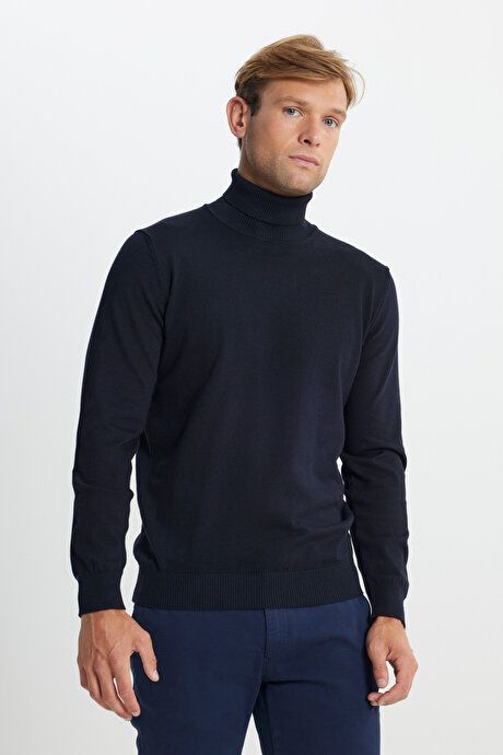 Cotton Standard Fit Regular Fit Full Turtleneck Basic Sweater Navy Blue Pullover ACE49252510015LAC