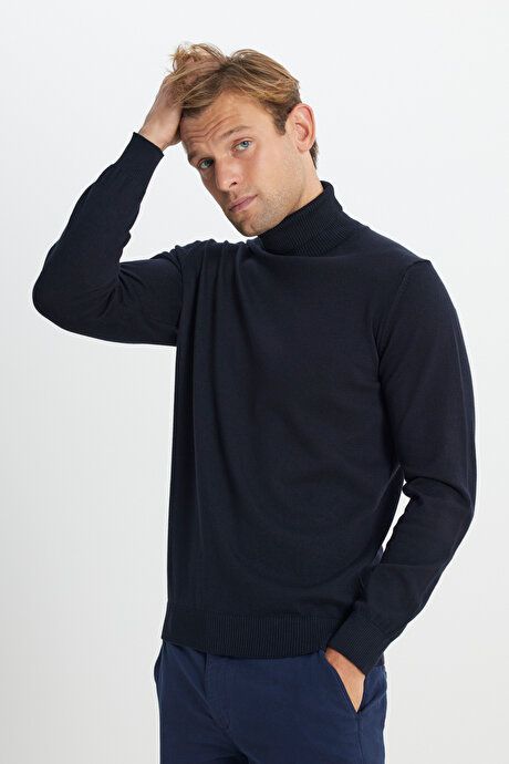 Cotton Standard Fit Regular Fit Full Turtleneck Basic Sweater Navy Blue Pullover ACE49252510015LAC