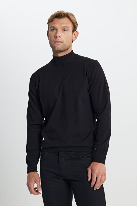 Cotton Standard Fit Regular Fit Half Turtleneck Sweater Black Pullover ACE49252510017SYH