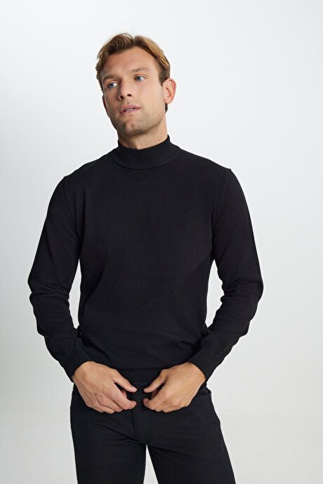 Cotton Standard Fit Regular Fit Half Turtleneck Sweater Black Pullover ACE49252510017SYH