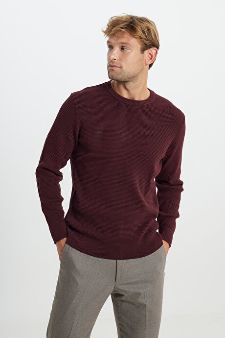 Cotton Standard Fit Regular Fit Crew Neck Crew Neck Honeycomb Textured Sweater Burgundy Sweater ACE49252510064BRD