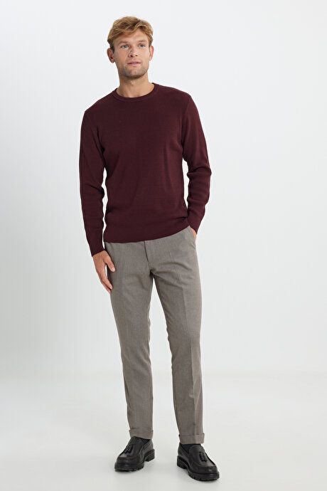 Cotton Standard Fit Regular Fit Crew Neck Crew Neck Honeycomb Textured Sweater Burgundy Sweater ACE49252510064BRD