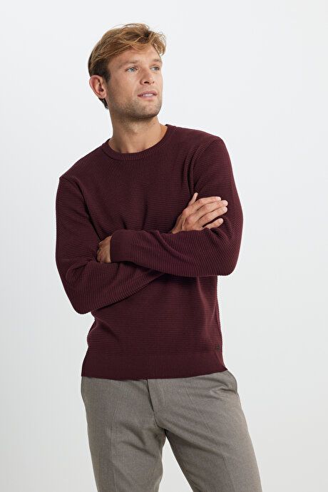 Cotton Standard Fit Regular Fit Crew Neck Crew Neck Honeycomb Textured Sweater Burgundy Sweater ACE49252510064BRD