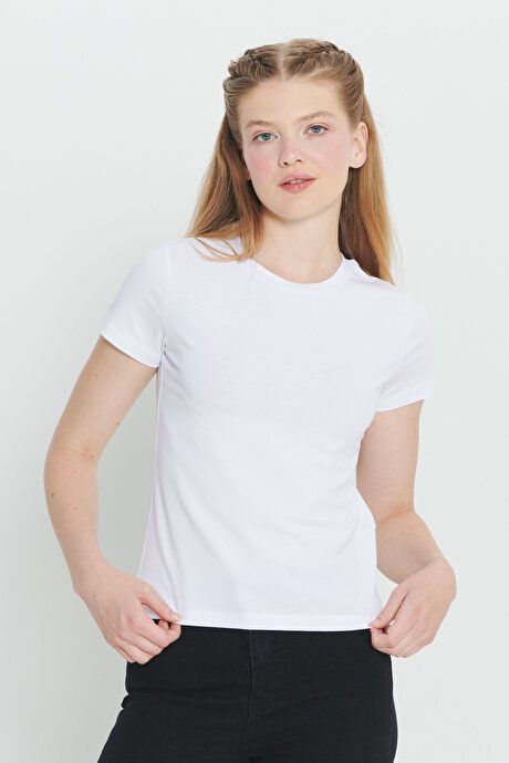 Slim Fit Slim Fit Cotton Stretch Crew Neck White T-Shirt CCK480000002BYZ