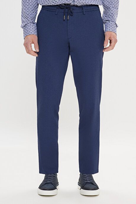 Comfort Fit Relaxed Fit Cotton Dobby Navy Blue Trousers ET0124200025LAC