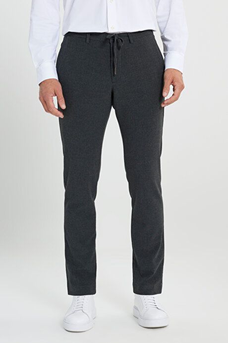 Slim Fit Slim Fit Waist Tie Side Pocket Seersucker Anthracite Trousers ET0124200027ATR