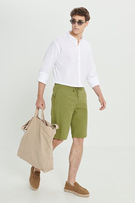 Comfort Fit Relaxed Fit Linen Side Pocket Khaki Shorts ET0224200002HAK