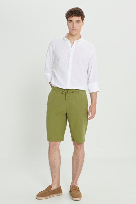 Comfort Fit Relaxed Fit Linen Side Pocket Khaki Shorts ET0224200002HAK