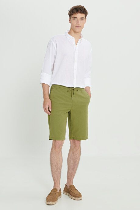 Comfort Fit Relaxed Fit Linen Side Pocket Khaki Shorts ET0224200002HAK