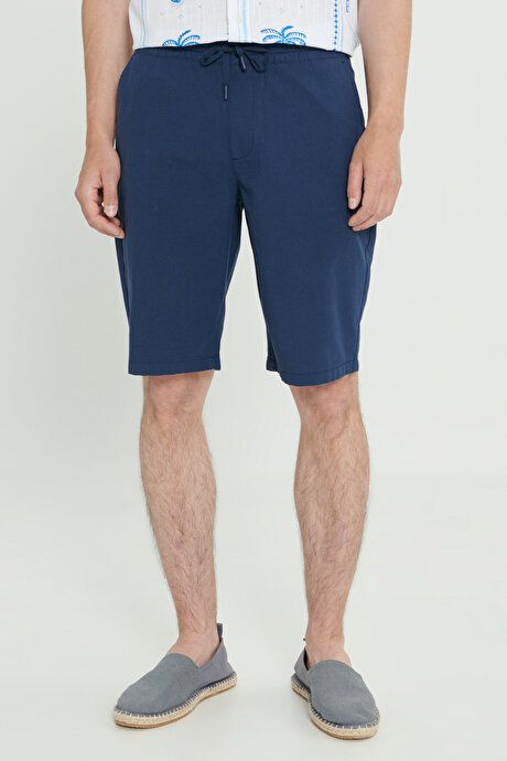 Comfort Fit Relaxed Fit Linen Side Pocket Navy Blue Shorts ET0224200002LAC