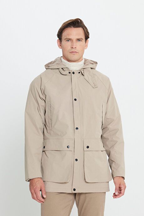 Hooded Stand Collar Standard Fit Beige Coat ET0724100203BEJ