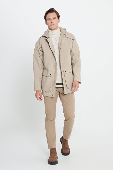 Hooded Stand Collar Standard Fit Beige Coat ET0724100203BEJ