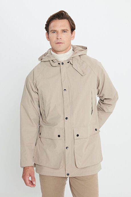 Hooded Stand Collar Standard Fit Beige Coat ET0724100203BEJ