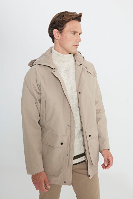 Hooded Stand Collar Standard Fit Beige Coat ET0724100203BEJ