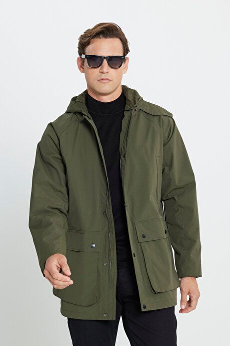 Hooded Stand Collar Standard Fit Khaki Coat ET0724100203HAK