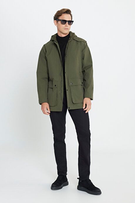 Hooded Stand Collar Standard Fit Khaki Coat ET0724100203HAK