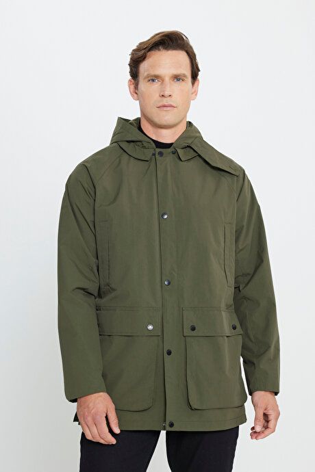 Hooded Stand Collar Standard Fit Khaki Coat ET0724100203HAK