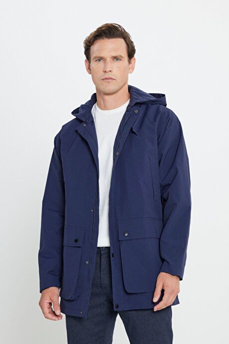 Hooded Stand Collar Standard Fit Navy Blue Coat ET0724100203LAC