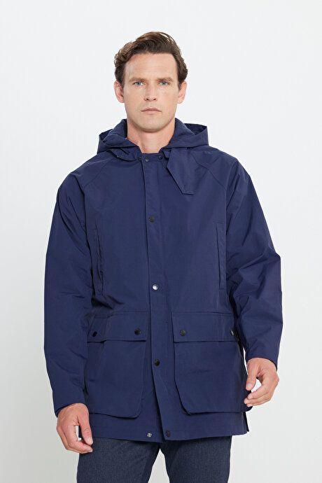 Hooded Stand Collar Standard Fit Navy Blue Coat ET0724100203LAC