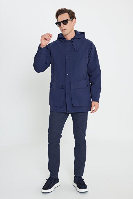 Hooded Stand Collar Standard Fit Navy Blue Coat ET0724100203LAC