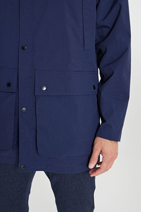 Hooded Stand Collar Standard Fit Navy Blue Coat ET0724100203LAC