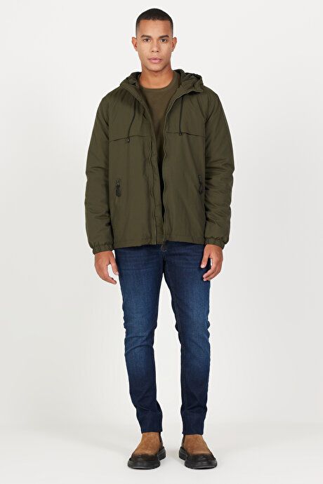 Standard Fit Regular Fit Hooded Collar Khaki Coat with Side Pockets ET0824100210HAK