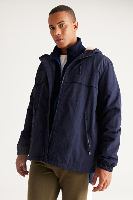 Standard Fit Regular Fit Hooded Collar Navy Blue Coat with Side Pockets ET0824100210LAC