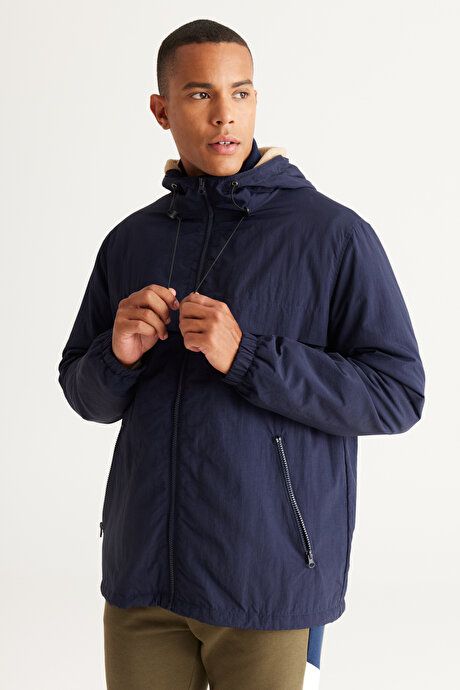 Standard Fit Regular Fit Hooded Collar Navy Blue Coat with Side Pockets ET0824100210LAC