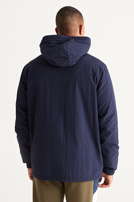 Standard Fit Regular Fit Hooded Collar Navy Blue Coat with Side Pockets ET0824100210LAC