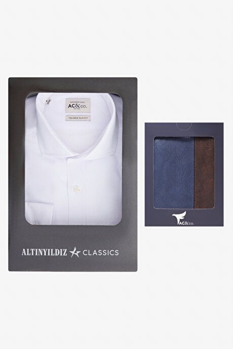 Slim Fit Slim Fit Cotton Classic Collar Dobby Shirt with Special Gift Box Wallet with Card Compartment White-Navy-Brown SHIRT SET ET4124200061BCK