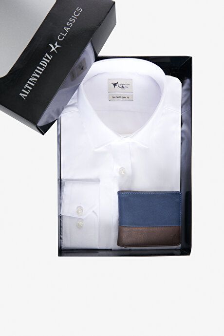 Slim Fit Slim Fit Cotton Classic Collar Dobby Shirt with Special Gift Box Wallet with Card Compartment White-Navy-Brown SHIRT SET ET4124200061BCK