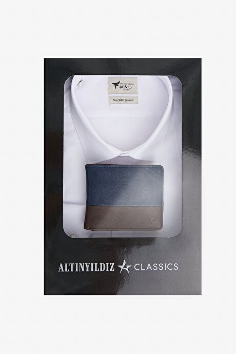 Slim Fit Slim Fit Cotton Classic Collar Dobby Shirt with Special Gift Box Wallet with Card Compartment White-Navy-Brown SHIRT SET ET4124200061BCK