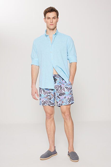 Standard Fit Regular Fit Fast Drying Patterned Blue Swimsuit Sea Shorts with Pockets ET4724200001MAV