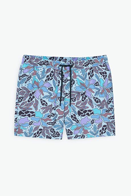 Standard Fit Regular Fit Fast Drying Patterned Blue Swimsuit Sea Shorts with Pockets ET4724200001MAV