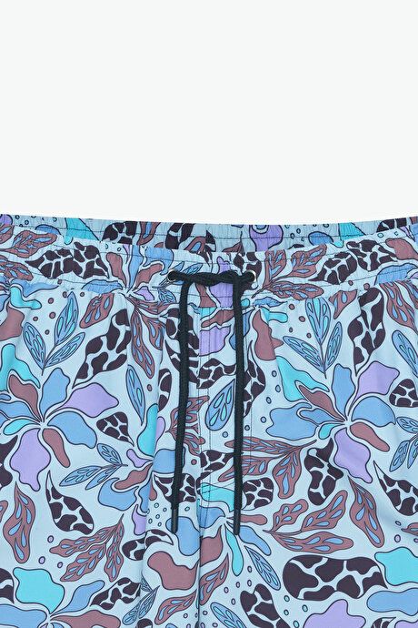 Standard Fit Regular Fit Fast Drying Patterned Blue Swimsuit Sea Shorts with Pockets ET4724200001MAV