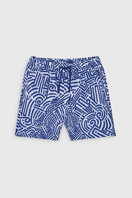 Standard Fit Regular Fit Quick Drying Patterned White-Blue Swimsuit Sea Shorts with Pockets ET4724200007BZL