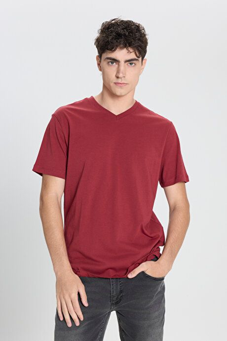 Slim Fit Slim Fit V-Neck Cotton Short Sleeve Burgundy T-Shirt ET4800000001BRD