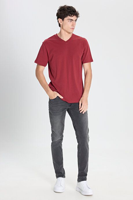 Slim Fit Slim Fit V-Neck Cotton Short Sleeve Burgundy T-Shirt ET4800000001BRD