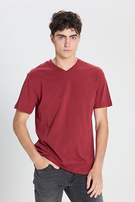 Slim Fit Slim Fit V-Neck Cotton Short Sleeve Burgundy T-Shirt ET4800000001BRD