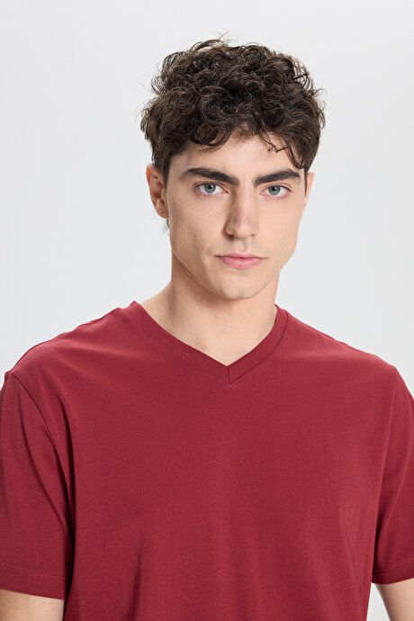 Slim Fit Slim Fit V-Neck Cotton Short Sleeve Burgundy T-Shirt ET4800000001BRD