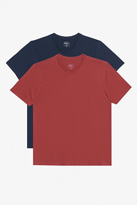 Pack of 2 Slim Fit Slim Fit V-Neck 100% Cotton Burgundy-Navy T-Shirt ET480000P201K84