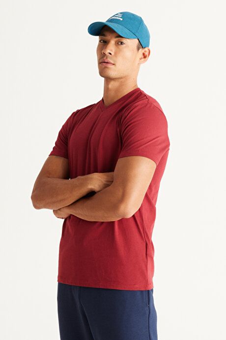 Pack of 2 Slim Fit Slim Fit V-Neck 100% Cotton Burgundy-Navy T-Shirt ET480000P201K84