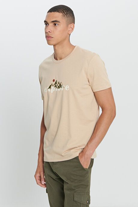 Standard Fit Regular Fit 100% Cotton Printed Crew Neck Dark Beige T-Shirt ET4824200021KBJ