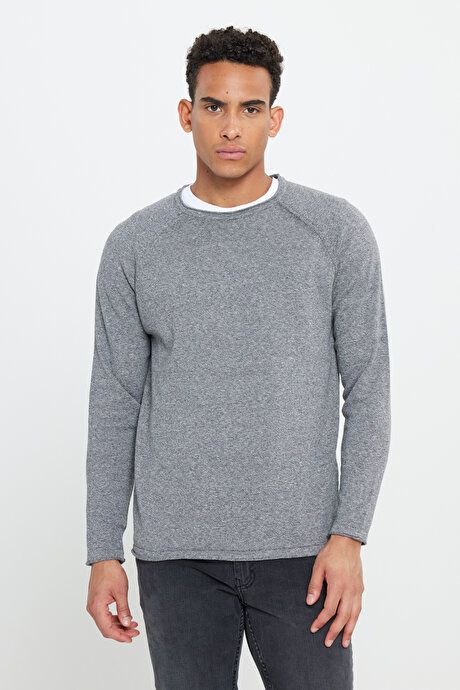 Standard Fit Regular Fit Crew-Neck Cotton Muline Patterned Gray-Ecru Sweater ET4924100005GRE