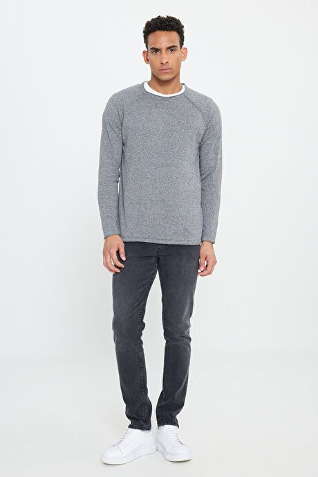 Standard Fit Regular Fit Crew-Neck Cotton Muline Patterned Gray-Ecru Sweater ET4924100005GRE